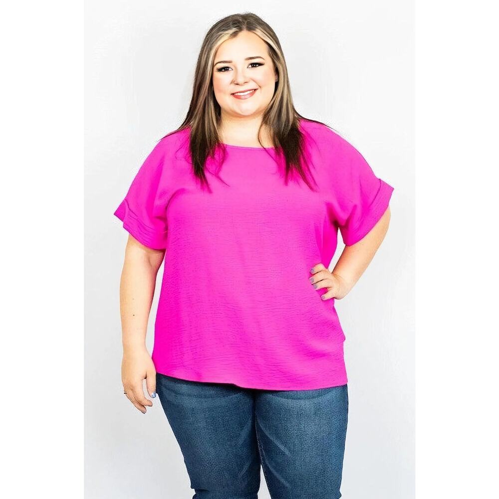 ENTRO Scooped Neck Top with Rolled Sleeves Hot Pink NEW Size 1X
